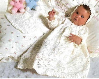 Baby Knitting Pattern, Christening Set, Size 14 to 16 Inch Chest, 3 Ply Wool or Yarn, Instant Download pdf, Baptism, Christen, Dress, Bonnet