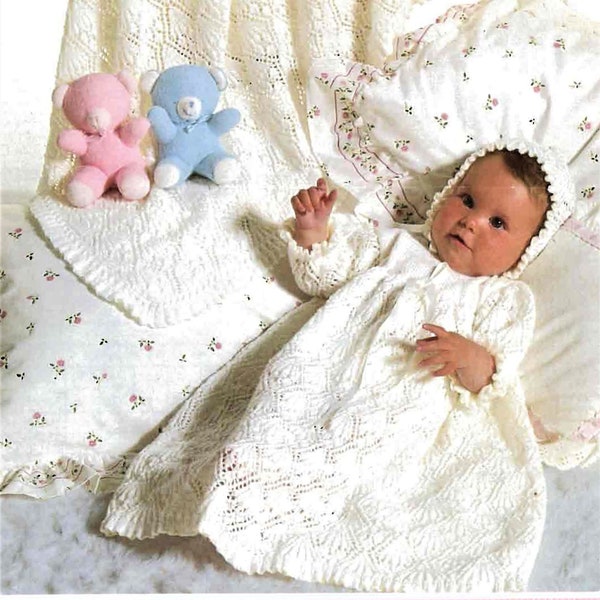 Baby Knitting Pattern, Christening Set, Size 14 to 16 Inch Chest, 3 Ply Wool or Yarn, Instant Download pdf, Baptism, Christen, Dress, Bonnet