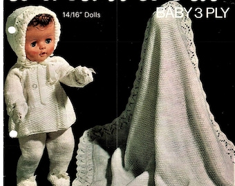 Doll Clothes Knitting Pattern, Pram Set, Size 14 and 16 Inch Doll, 3 ply Yarn or Wool, Instant Download pdf