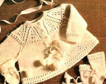 Baby Matinee Jacket, Hat, Mitts, Knitting Pattern, Instant Download pdf, Size 18 Inch Chest, Baby Quickerknit, Double Knitting
