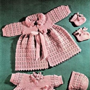 Baby Layette Crochet Pattern, Coat, Dress, Bootees, Bonnet, First Size, 3 ply Yarn, Instant Download pdf Baby Jacket, Coat