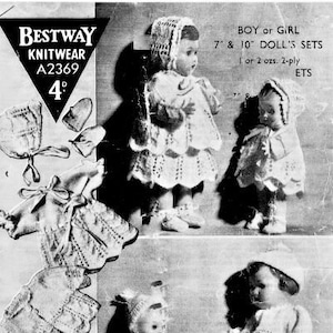 Puede incluir: Patrón de tejido de punto para un atuendo de muñeca. El patrón es para una muñeca de 18 cm o 25 cm y utiliza 28 o 56 gramos de hilo de 2 cabos. El patrón incluye un vestido, un gorro y un par de botines. El patrón se llama "Bestway Knitwear A2369".