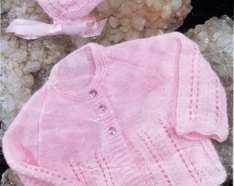 Modèle de tricot de veste et de bonnet pour bébé, téléchargement instantané pdf, tricot 4 plis ou double, taille 18,19,20 pouces de poitrine, manteau pour bébés