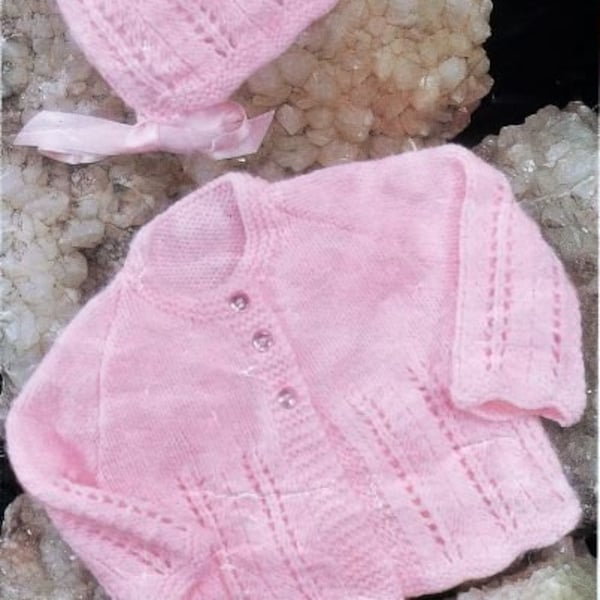 Baby Jacket and Bonnet Knitting Pattern, Instant Download pdf, 4 ply or Double Knitting, Size18,19,20 Inch Chest, Babies Coat