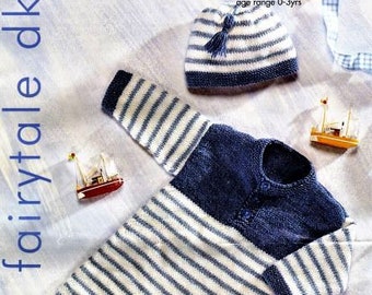 Babies playsuit and Hat Knitting Pattern, 16 to 22 inch, Double Knitting Yarn or Wool, Instant Download pdf, Dungarees, Beanie