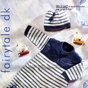May include: A blue and white striped knitted baby onesie with a matching blue and white striped hat. The onesie has a blue knit collar and cuffs. The hat has a white pom-pom on top. PBN D 2457 41-56 cm 16-22 inches age range 0-3yrs