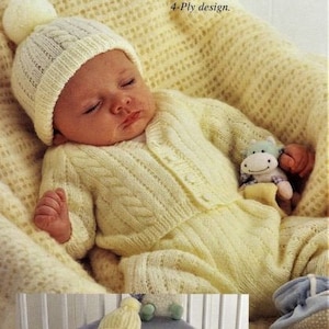 Baby Knitting Pattern, Size 0 to 6 months, Premature Size included, Instant Download PDF, 4 ply Pram Set for Baby, Infants Set image 1
