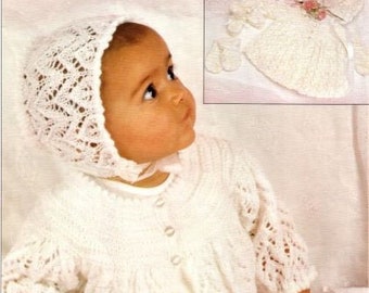 Breipatroon baby, witte matineeset, jas, motorkap, slofjes, wanten, borstmaat: 19 tot 20 inch, pdf direct te downloaden
