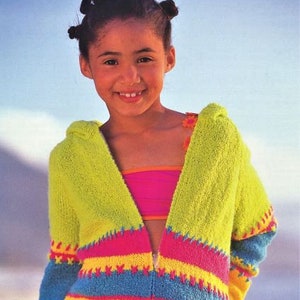 May include: A green, yellow, pink, and blue striped hooded sweater with a zipper closure. The sweater has a crocheted trim.