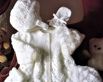 Baby Set Knitting Pattern, Size 16 to 22 Inch Chest, Jacket Leggings Bonnet Helmet Mitts, Double Knit, Instant Download PDF