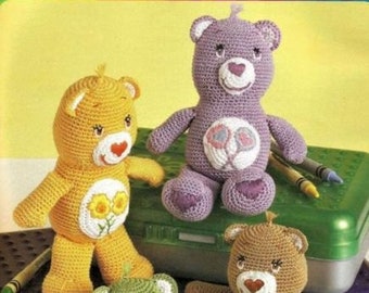 US Care Bears Crochet Pattern Book, Miniature Bears, Instant Download pdf, 6 inches Tall, Bedspread Weight Cotton. Soft Toy