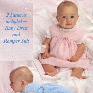 May include: Two knitted baby outfits, one pink dress and one blue romper. The dress has a ruffled neckline and the romper is sleeveless. Both outfits are made with a soft, textured yarn.