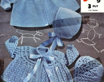 Baby Knitting Pattern Matinee Set, Instant Download pdf, Size1 to 6 months, and 6 to 12 months, 3 ply yarn or wool, bonnet, Coat