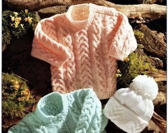 Baby Knitting Pattern, Cardigan, Jumper, and Hat, Size 16 to 24 Inch Chest, Instant Download pdf, Pompom Hat, Cable Jersey