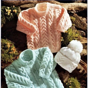 Baby Knitting Pattern, Cardigan, Jumper, and Hat, Size 16 to 24 Inch Chest, Instant Download pdf, Pompom Hat, Cable Jersey