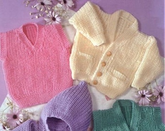 Patrón de tejido para bebé, cárdigan, chaqueta con capucha y chaleco, talla de pecho de 40 a 66 cm, lana o hilo de doble punto, descarga instantánea en PDF.