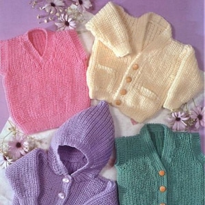 Patrón de tejido para niños: cárdigan, chaqueta con capucha y chaleco, talla de pecho de 16 a 26 pulgadas, lana o hilo de doble punto, descarga instantánea en PDF. imagen 1