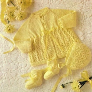 Baby Knitting Pattern, Matinee, Bonnet, Bootees, Instant Download PDF, Size 16 to 20 Inch Chest, 4 ply, Babies Set Knitting