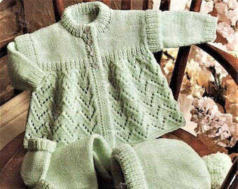 Modèle de tricot pour bébé, ensemble matinée, manteau, leggings, mitaines, taille 16 à 18 pouces de poitrine, fil à tricot double, téléchargement instantané pdf