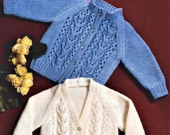 Baby Cardigan Knitting Pattern, Size 17 to 20 Inch Chest, Instant Download PDF, Double Knit Yarn or Wool, V-Neck, Round Neck