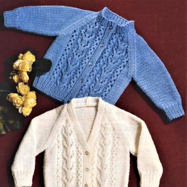 Baby Cardigan Knitting Pattern, Size 17 to 20 Inch Chest, Instant Download PDF, Double Knit Yarn or Wool, V-Neck, Round Neck