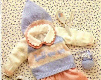 Hooded Jumper Knitting Pattern with Motif, Instant Download pdf, Size 46 to 56 cm chest ( 18 to 22 Inch), Double Knitting Yarn