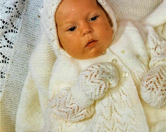 Baby Knitting Pattern, Layette, Size 14 to 18 Inch Chest, 3 Ply Yarn or Wool, Instant Download pdf, Bonnet, Jacket, Bootees