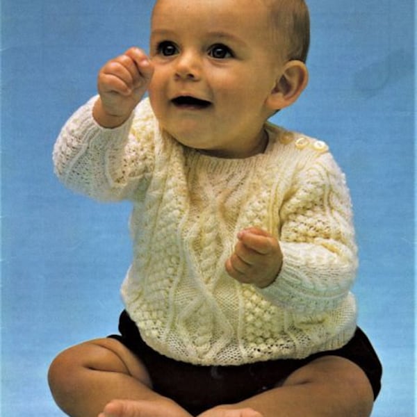 Baby Jumper Knitting Pattern, Square Neck, Aran Style, Size 18 to 20 Inch Chest, 4 Ply Yarn or Wool, Instant Download PDF