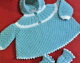 Baby Knitting Pattern, Hooded Top and Bootees, Size 18 to 19 Inch, Double Knitting Yarn or Wool, Instant Download pdf