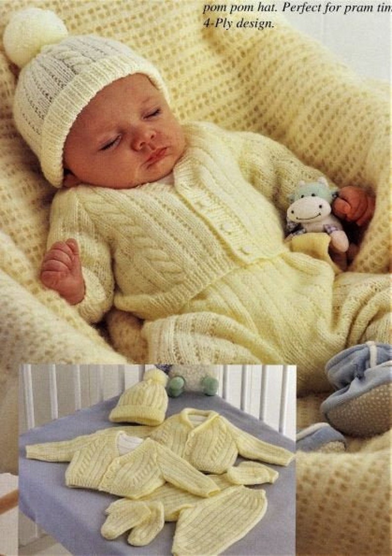 Baby Knitting Pattern, Size 0 to 6 months, Premature Size included, Instant Download PDF, 4 ply Pram Set for Baby, Infants Set image 1