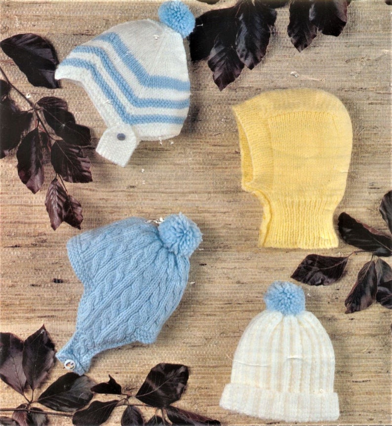 Baby Knitting Pattern, Boys Hat, Size 0 to 12 Months, Double Knitting Yarn or Wool, Instant Download pdf, Boys Pompom Hat image 1