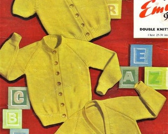 Wzór na dziergany sweter dla dzieci w stylu vintage, kardigan z dekoltem w serek, okrągłym dekoltem i krótkim rękawem, rozmiar klatki piersiowej od 25 do 30 cali, podwójne dzierganie