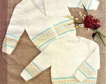 Baby and Toddlers Fairisle Cardigan and Jumper Knitting Pattern, Size 18 to 24 Inch Chest, Double Knitting Yarn or Wool, Instant Download