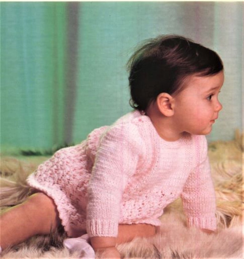 Baby Dress Knitting Pattern, Instant Download PDF, Size 17 to 19 Inch Chest, Double Knitting Yarn, Babies Dress to Knit, Infants image 1