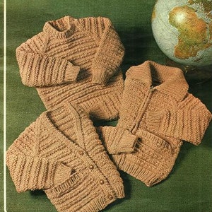 May include: Three knitted jumpers in a brown colour. One jumper has a zip, one has buttons, and one has a crew neck.