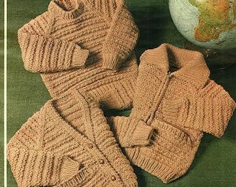 Patrón de tejido para niños: chaqueta, jersey y cárdigan, tallas de pecho de 56 a 76 cm, lana gruesa o hilo grueso, descarga instantánea en PDF.
