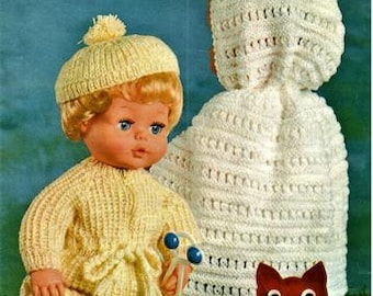 Doll Clothes Pattern, Fit 16-inch Tiny Tears with 11-inch chest, Double Knitting Yarn, Cape, Jumpsuit, Beret, PDF Download
