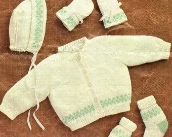 Baby Knitting Pattern, Cardigan, Bonnet, Mittens, Socks, Size 12 to 18 inch chest, 4 ply Yarn or Wool, Instant download PDF