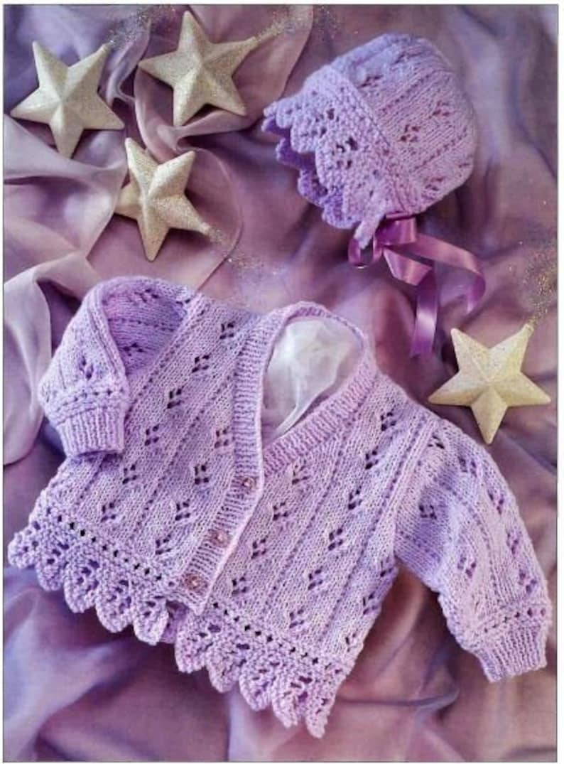 Cardigan and Bonnet, Baby and Kids Knitting Pattern, Size 16 to 26 Inch or 0 Months to 6 Years, Double Knitting Yarn, PDF File image 1