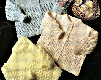 Modèle de tricot pour bébé, veste, 3 styles, taille de 18 à 22 pouces de poitrine, double fil à tricoter ou laine, téléchargement immédiat pdf