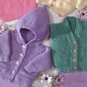 Patrón de tejido para niños: cárdigan, chaqueta con capucha y chaleco, talla de pecho de 16 a 26 pulgadas, lana o hilo de doble punto, descarga instantánea en PDF. imagen 2