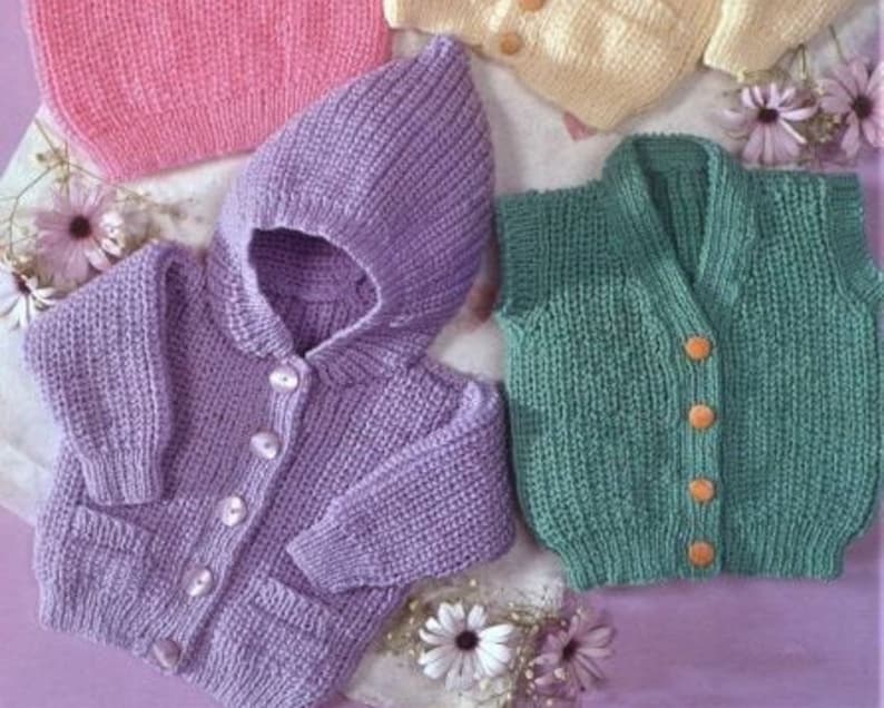Patrón de tejido para niños: cárdigan, chaqueta con capucha y chaleco, talla de pecho de 16 a 26 pulgadas, lana o hilo de doble punto, descarga instantánea en PDF. imagen 2