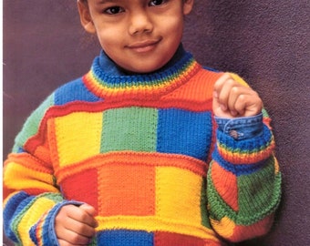 Baby and Childs Knitting and Crochet Pattern, Mulitcoloured Jumper, Size 1 to 6 years, Double Knitting Yarn, Instant Download