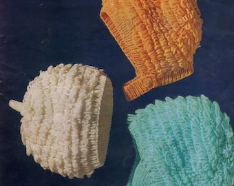 Baby Hat Knitting Pattern, Loopy Bonnets and Hats, 6 and 12 months, 4 ply Wool , Baby hats to knit, bonnet, helmet, pixie