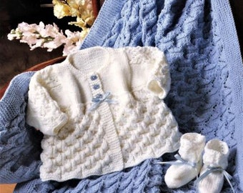Baby Shawl, Coat, Bootees Knitting Pattern, Instant Download PDF, 14 to 20 Inch Chest, Double Knit Yarn or Wool, Matinee Jacket