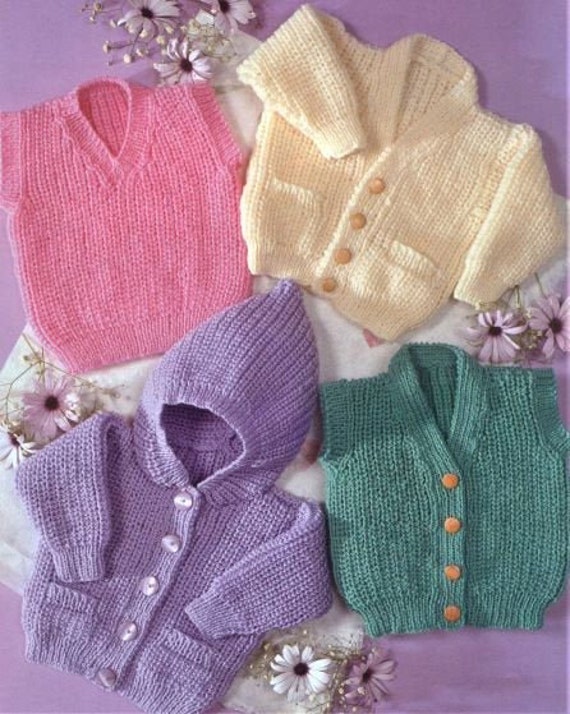 Kids Knitting Pattern, Cardigan, Hooded Jacket, Vest, Size 16 to 26 Inch Chest, Double Knit Yarn or Wool, Instant Download pdf