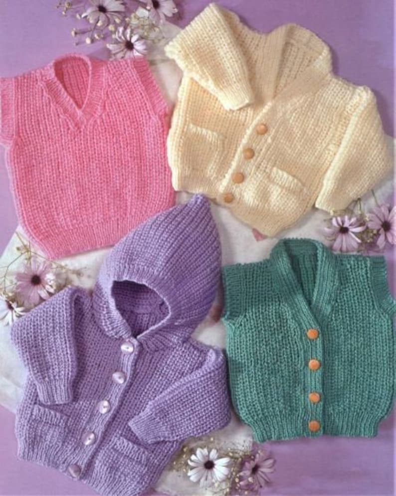 Patrón de tejido para niños: cárdigan, chaqueta con capucha y chaleco, talla de pecho de 16 a 26 pulgadas, lana o hilo de doble punto, descarga instantánea en PDF. imagen 1
