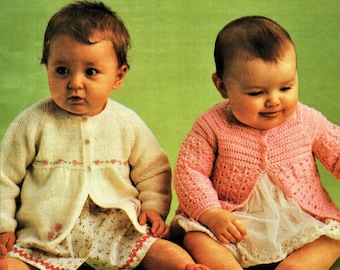 Patrón de tejido y crochet para bebé, chaquetas de matiné, talla 6 a 12 meses, hilo o lana de 3 capas, descarga instantánea en PDF.