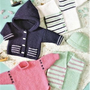 Modello per maglia per neonati, maglione, gilet, cappello, maglia per principianti, taglia da 14 a 22 pollici, download immediato in pdf, maglia doppia