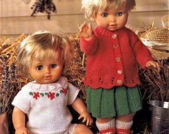 Doll Clothes Knitting Pattern, Doll height 12 to 22 Inch, Double Knitting Wool, Cardigan, Skirt, top Shoes, Instant Download